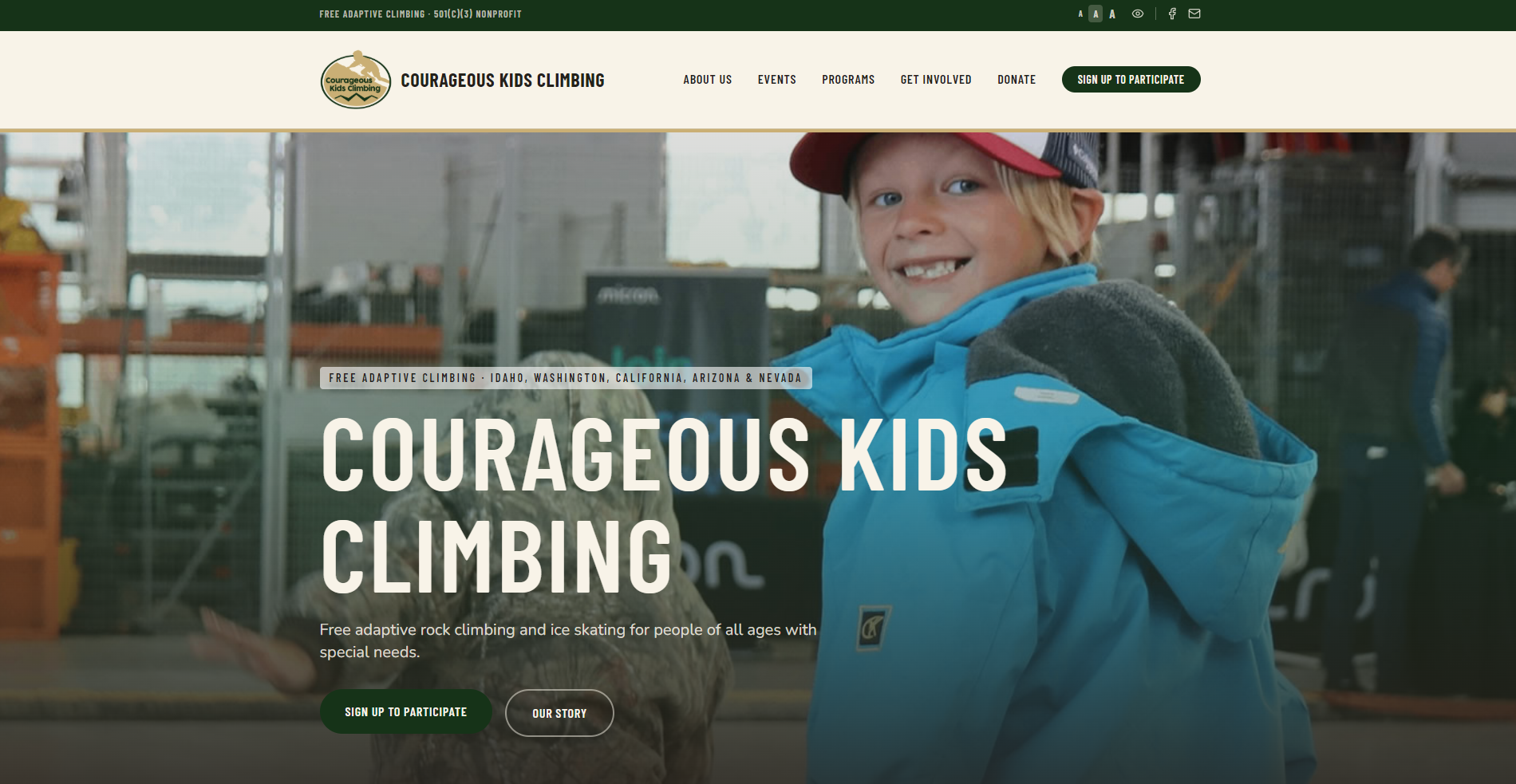 Courageous Kids Climbing website homepage featuring a smiling young adaptive climber